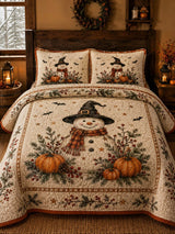 Witch Hat Snowman Pumpkin Bat Vintage Halloween Christmas Quilted 3‐Piece Bedding Set