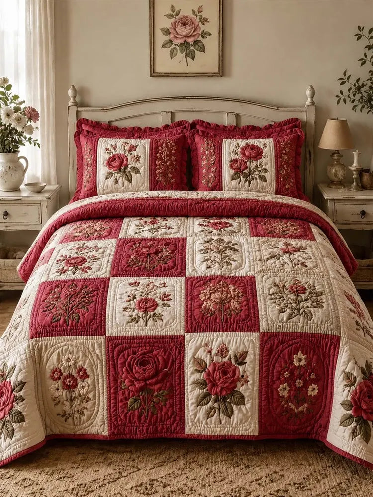 Vintage Rose Floral Quilted 3-Piece Bedding Set – Luxury Quilted Bedding with Matching Pillow Shams