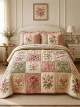 Vintage Rose Floral Quilted 3-Piece Bedding Set – Luxury Quilted Bedding with Matching Pillow Shams