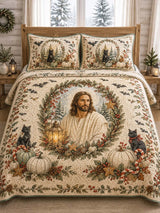 Wreath Frame Jesus Black Cat Bat Vintage Holiday Quilted 3‐Piece Bedding Set