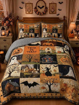 Trick or Treat Halloween Village Patchwork Quilted 3‐Piece Bedding Set