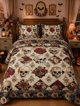 Skull Red Rose Vintage Floral Halloween Quilted 3‐Piece Bedding Set