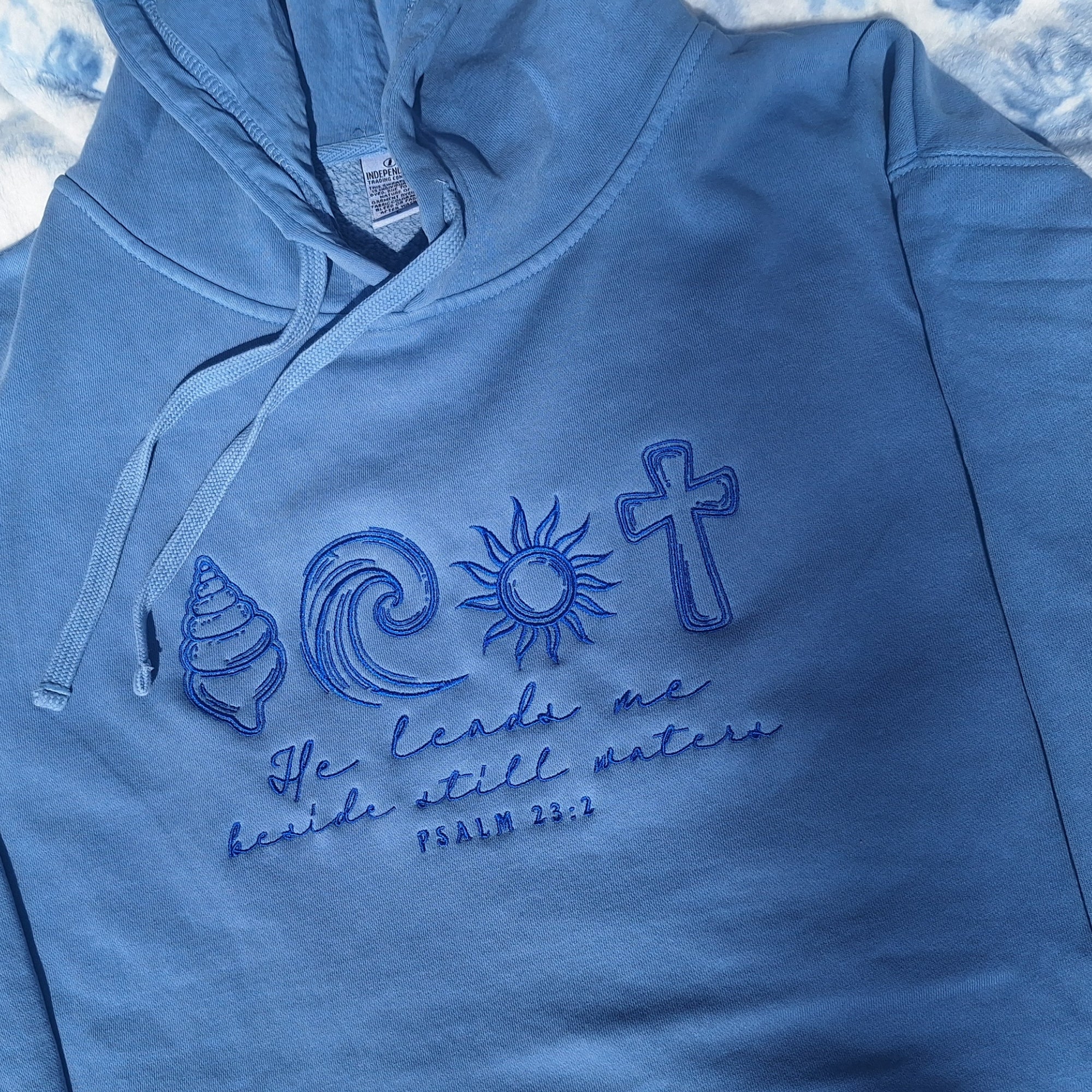 He Leads Me Beside Still Waters Light Blue Embroidered Hoodie